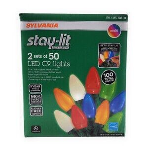 Sylvania Platinum Stay-Lit 2 Sets Of 50 LED C9 String Lights Multicolor New